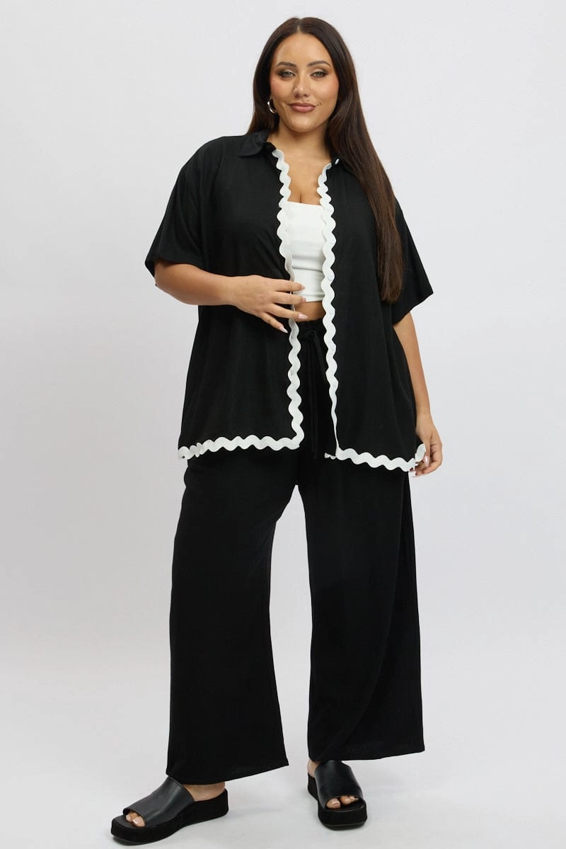 Edgy style Black Ric Rac Shirt Short Sleeve Linen Blend