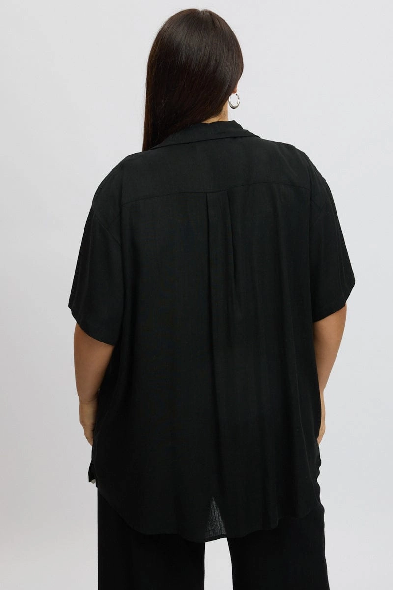 Black Ric Rac Shirt Short Sleeve Linen Blend Casual Design Special Occasion