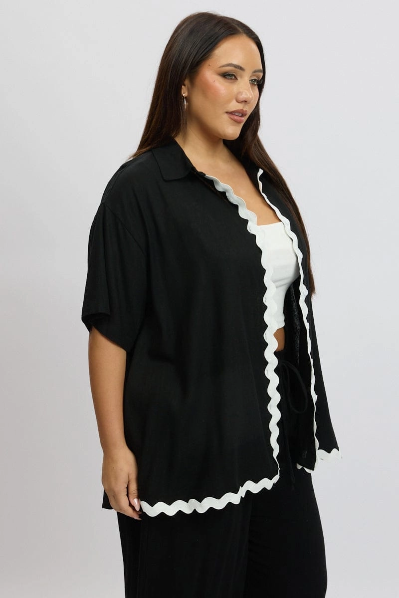 Black Ric Rac Shirt Short Sleeve Linen Blend Ethical production Refined Aesthetic