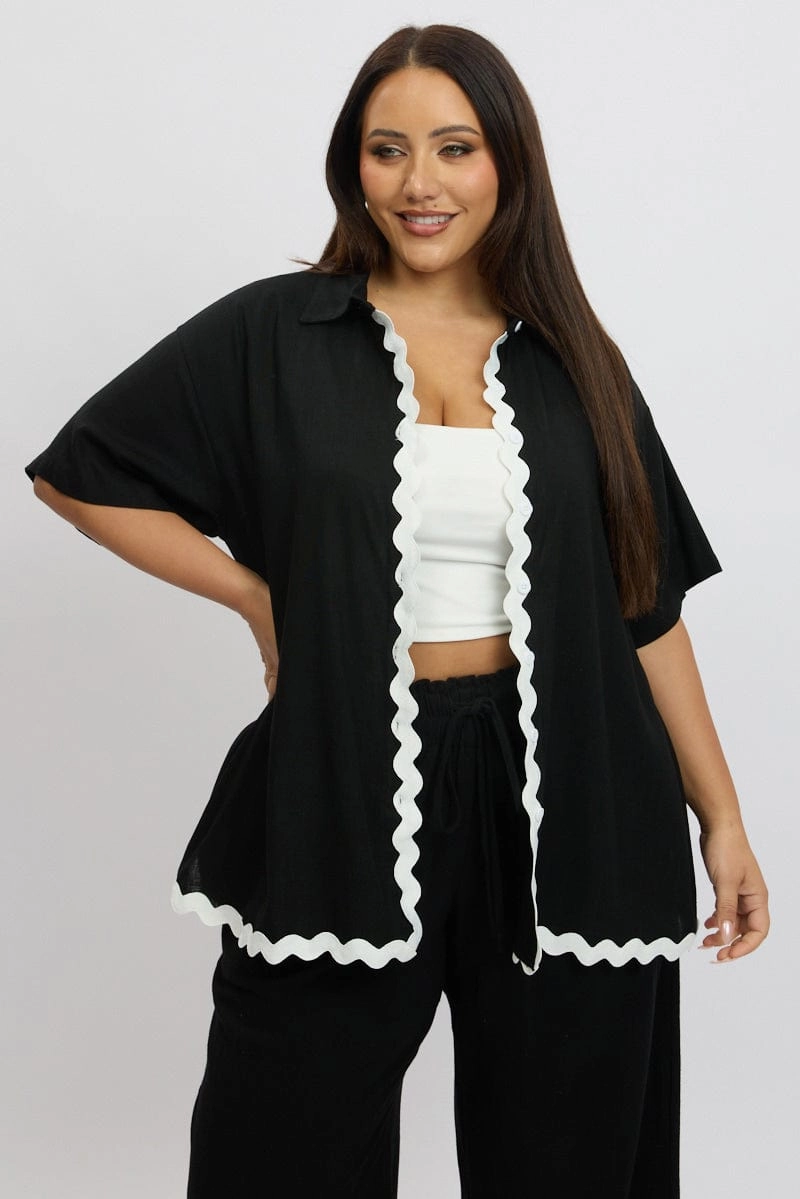 Black Ric Rac Shirt Short Sleeve Linen Blend Lakeside Relaxation