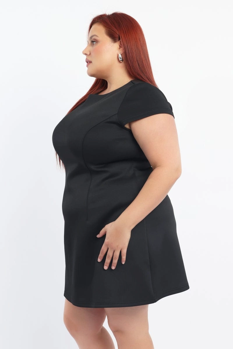 Black Round Neck Structured Minidress Statement-Buttons