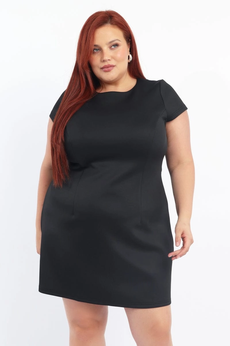 Classic knee-length dress Black Round Neck Structured Minidress