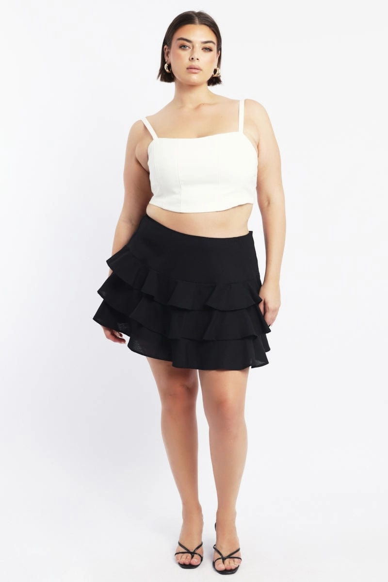 Quilted Texture Black Ruffle Mini Skirt