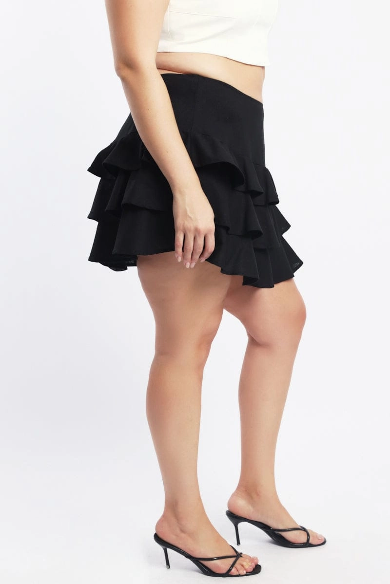 Black Ruffle Mini Skirt High Shine