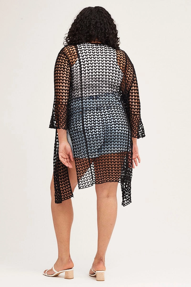 Day To Day Hidden Ventilation Zones Black Ruffle Sleeve Open Front Crochet Cardigan