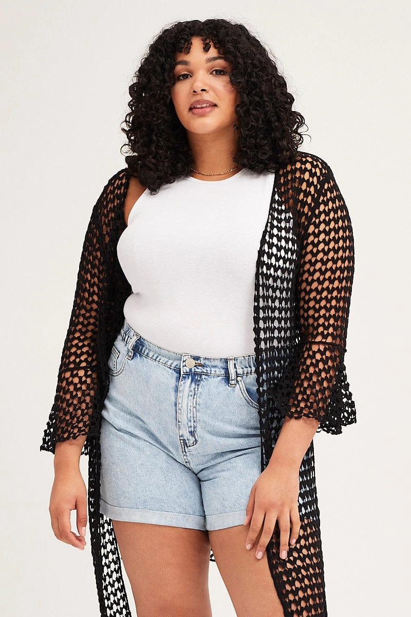 Sun Protection Fabric Ergonomic Armhole Cut Black Ruffle Sleeve Open Front Crochet Cardigan