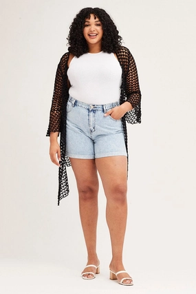 Black Ruffle Sleeve Open Front Crochet Cardigan Adventure Day Look