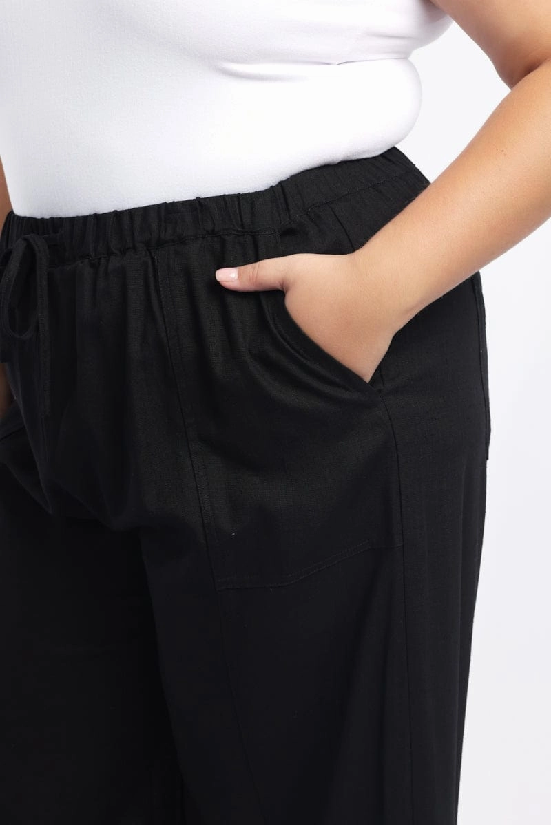 Outdoor Essentials Black Seam Detail Linen Blend Wide Leg Pants