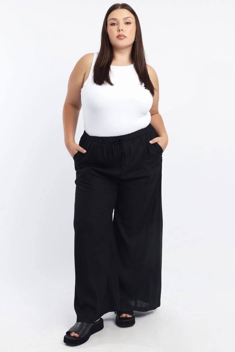 Black Seam Detail Linen Blend Wide Leg Pants Tailored Fit