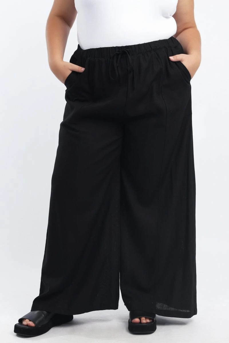 Black Seam Detail Linen Blend Wide Leg Pants Slim Look