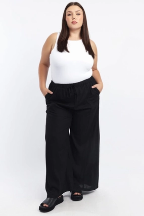 Black Seam Detail Linen Blend Wide Leg Pants Tailored Fit