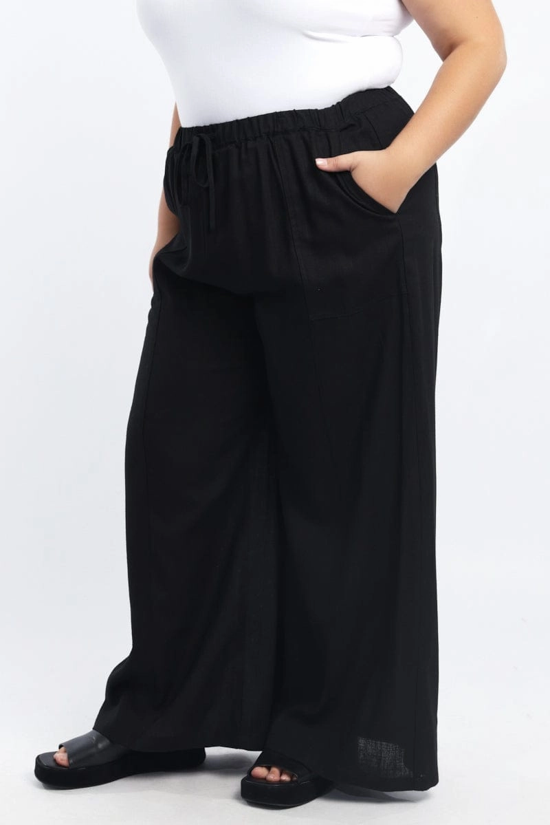 Breath Friendly Black Seam Detail Linen Blend Wide Leg Pants