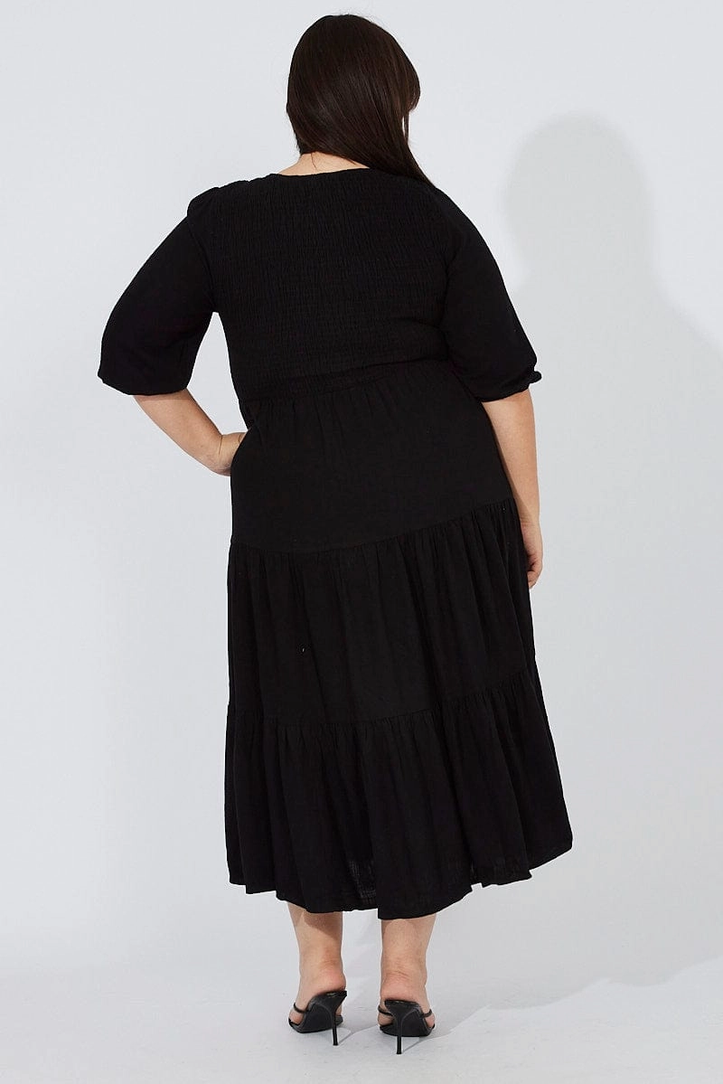 Influencer-Approved Street Casual Black Shirred Bodice Linen Blend Maxidress Puff Sleeve