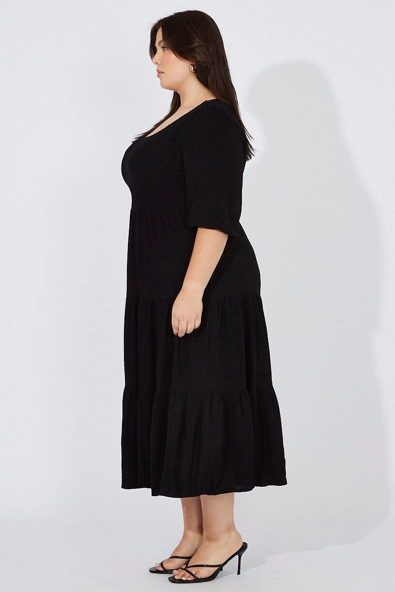 Black Shirred Bodice Linen Blend Maxidress Puff Sleeve Feminine Design