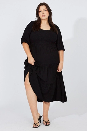 Wrap style Black Shirred Bodice Linen Blend Maxidress Puff Sleeve