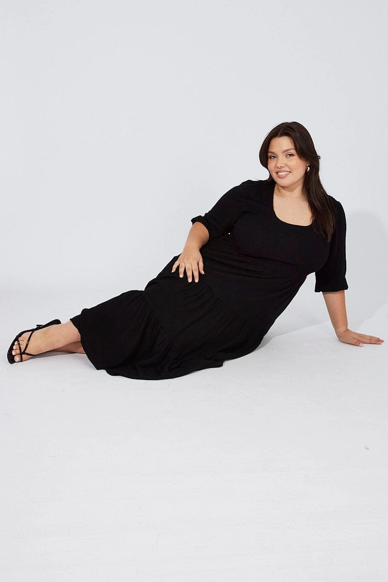 Tailored Mood Black Shirred Bodice Linen Blend Maxidress Puff Sleeve