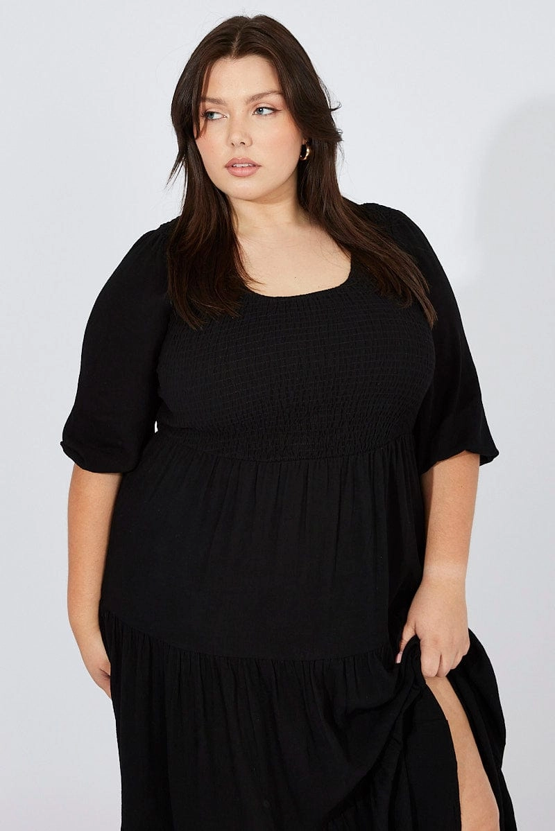 Black Shirred Bodice Linen Blend Maxidress Puff Sleeve Korean Mood