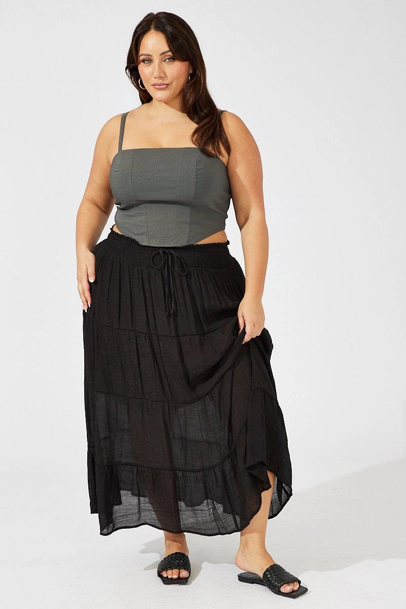 Tropical theme Bold Mood Black Shirred Waist Tie Maxi Skirt