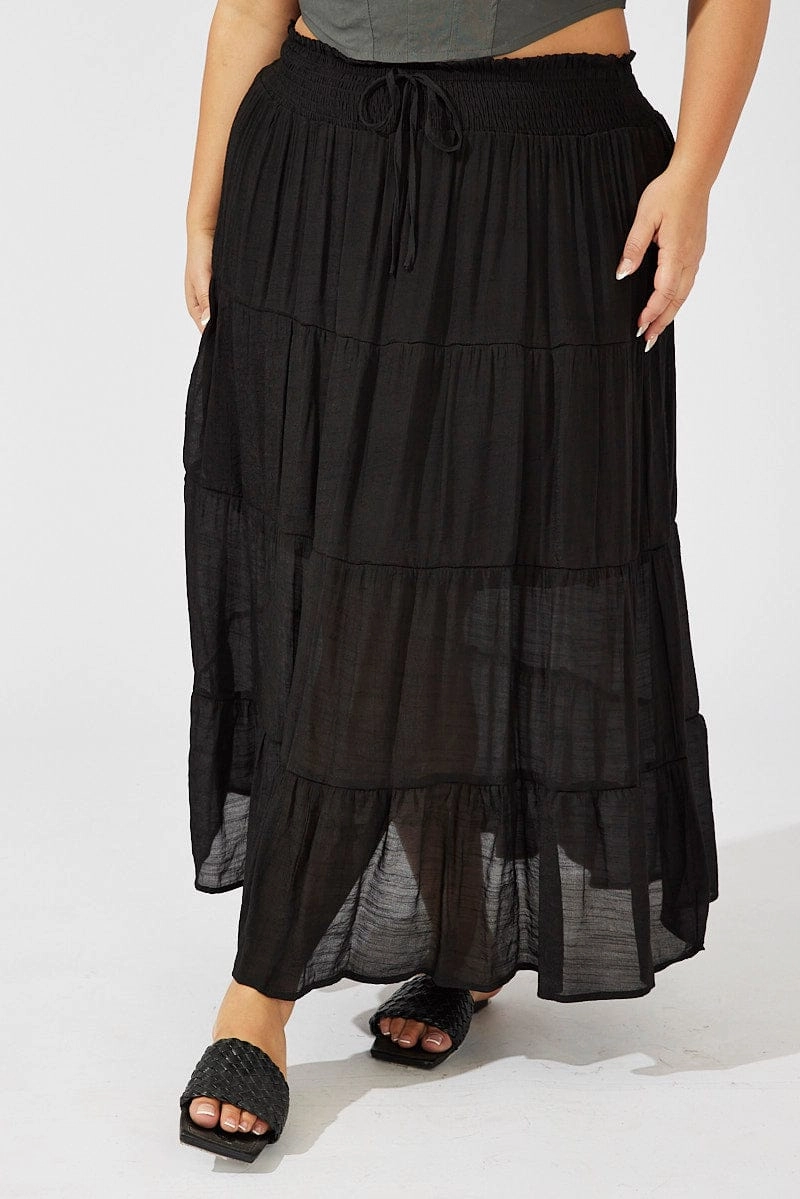 Black Shirred Waist Tie Maxi Skirt Shirred Back Contemporary Design