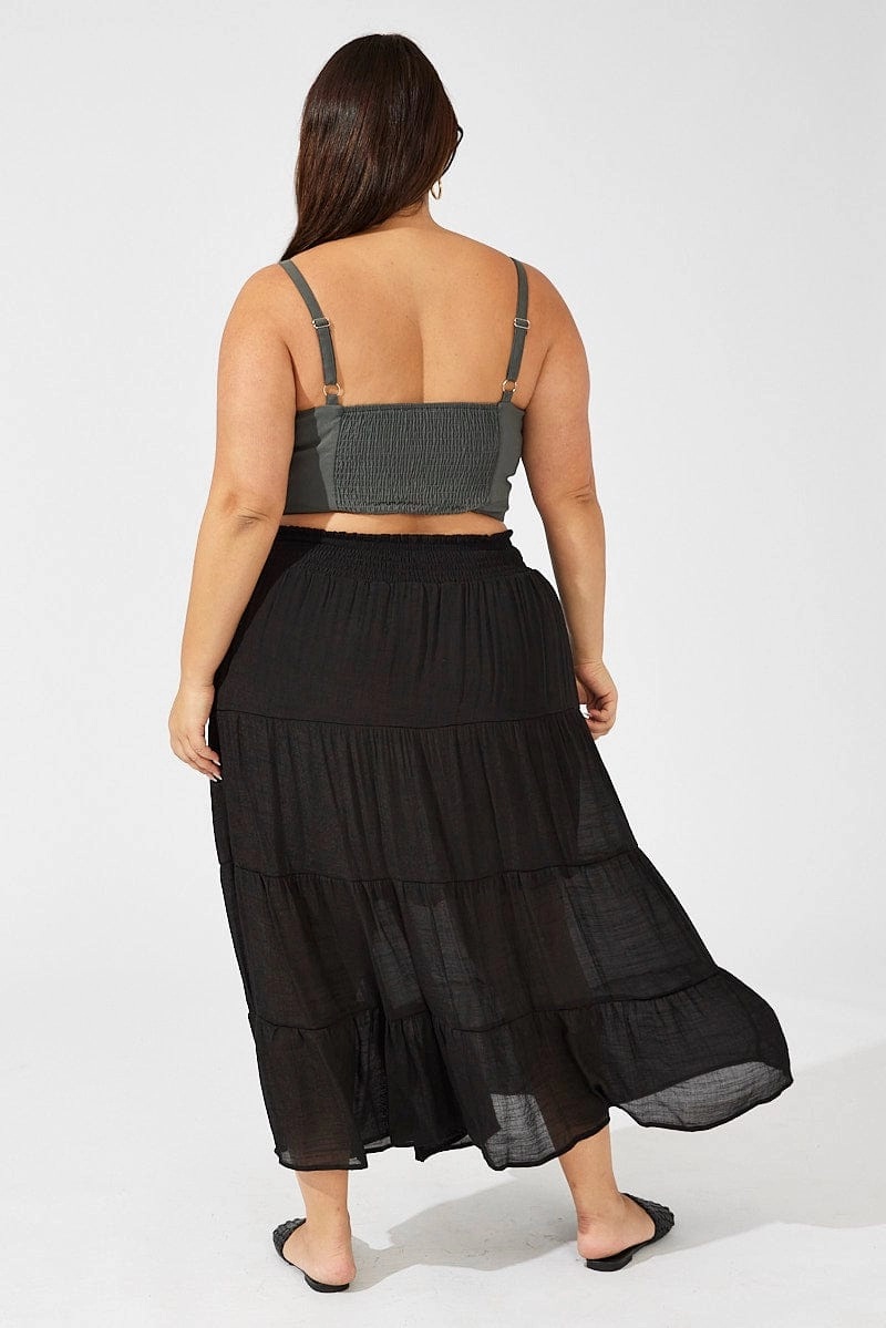 Basic Layers Black Shirred Waist Tie Maxi Skirt