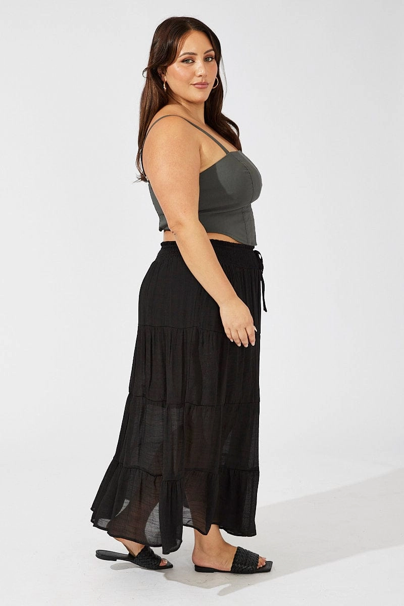 Black Shirred Waist Tie Maxi Skirt Comfort Fit Floor Length
