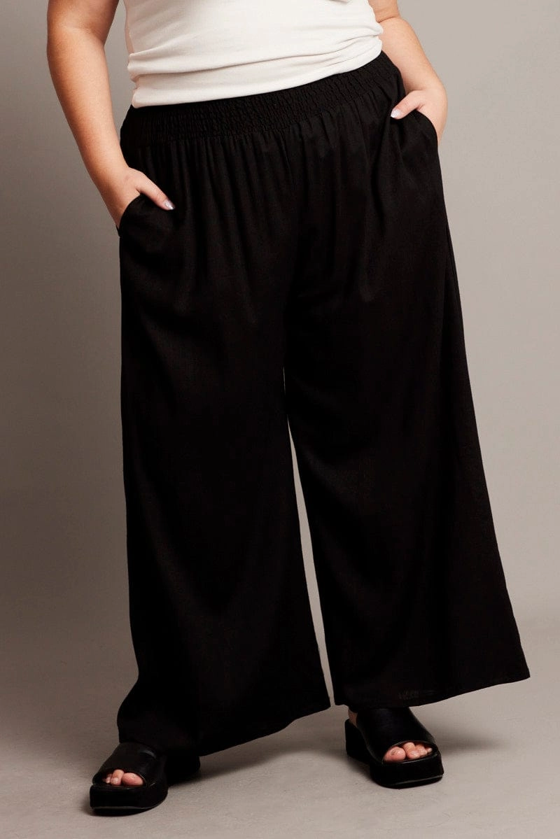 GussetedCrotch Black Shirred Waist Wide Leg Pants