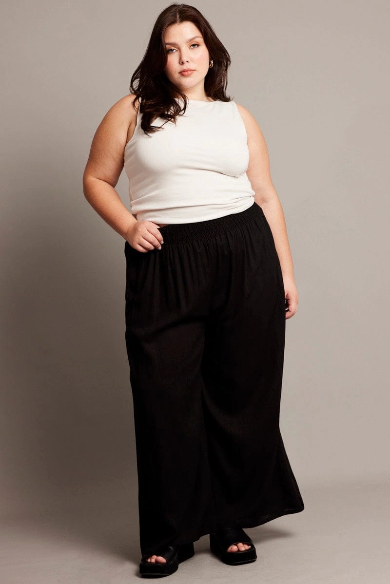 Black Shirred Waist Wide Leg Pants Flatlock Seams Stretch Motion