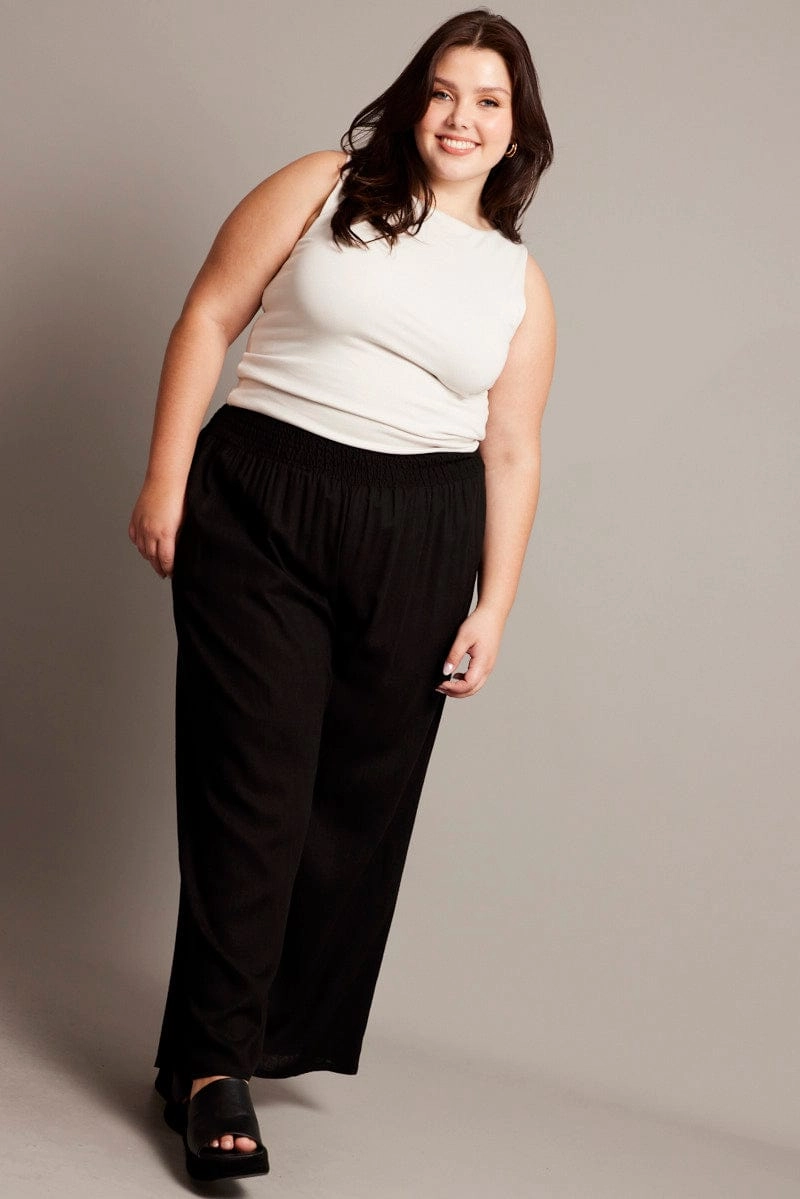 Black Shirred Waist Wide Leg Pants Breathable Comfort Fit