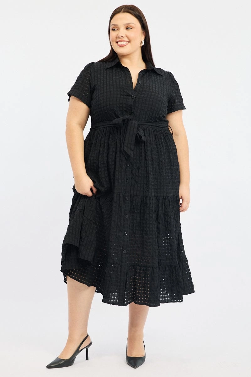 Black Shirt Dress Short Sleeve Tiered Self Check Shore Time Polite Vibe