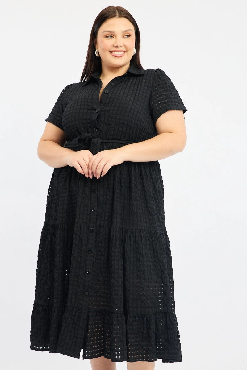 Everyday Movement Black Shirt Dress Short Sleeve Tiered Self Check