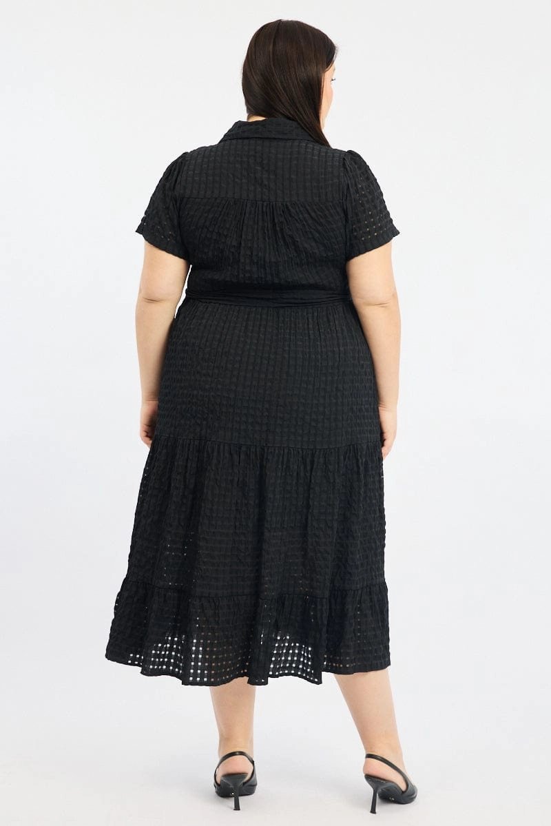 Stylish Vibe Casual Silhouette Black Shirt Dress Short Sleeve Tiered Self Check
