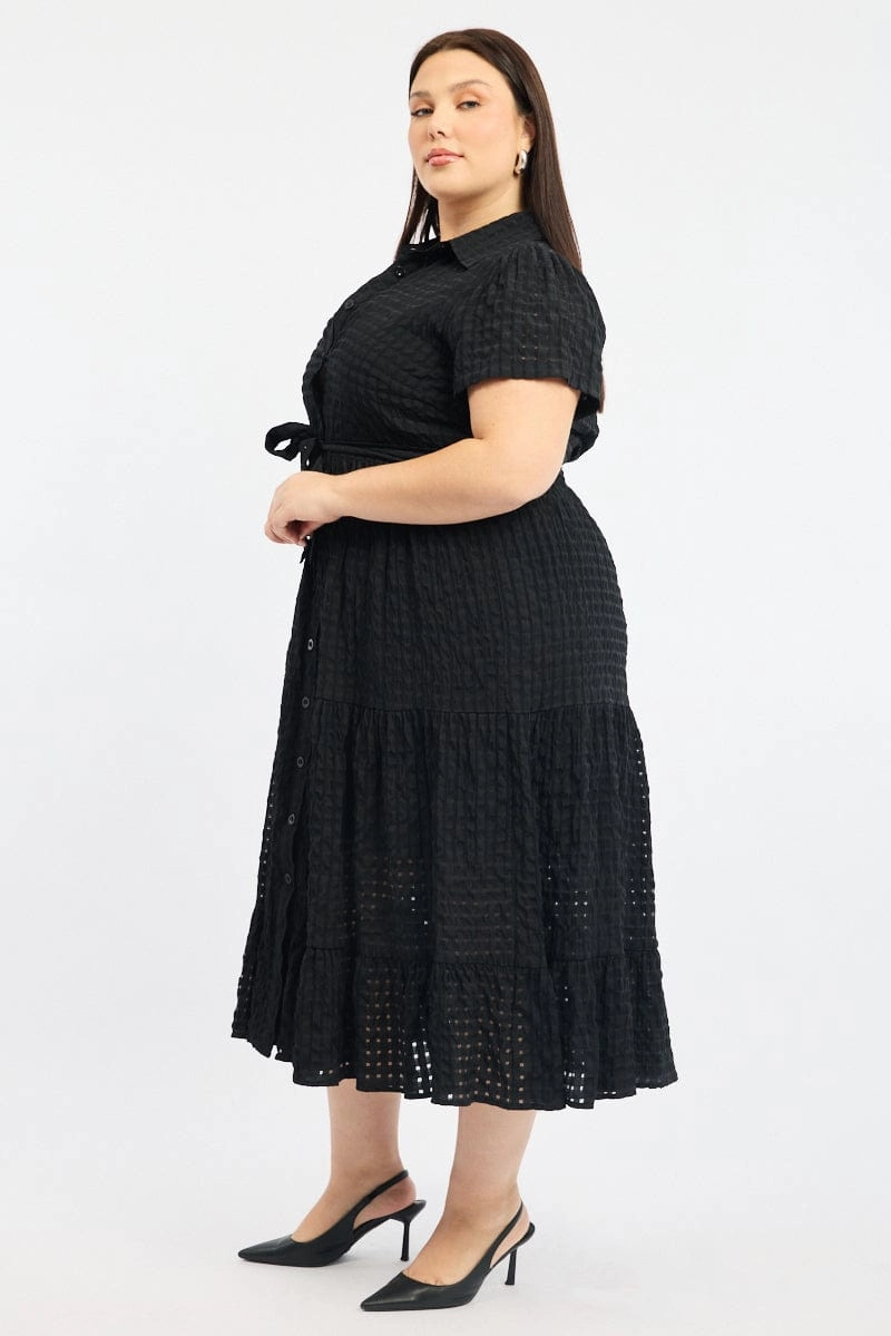 Black Shirt Dress Short Sleeve Tiered Self Check TearResistantFabric Fashion Option
