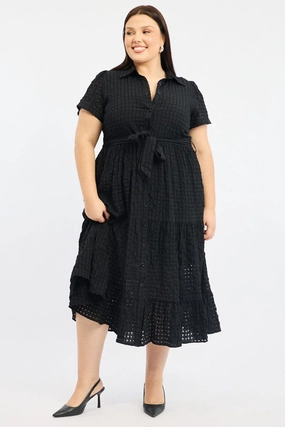Black Shirt Dress Short Sleeve Tiered Self Check Shore Time Polite Vibe
