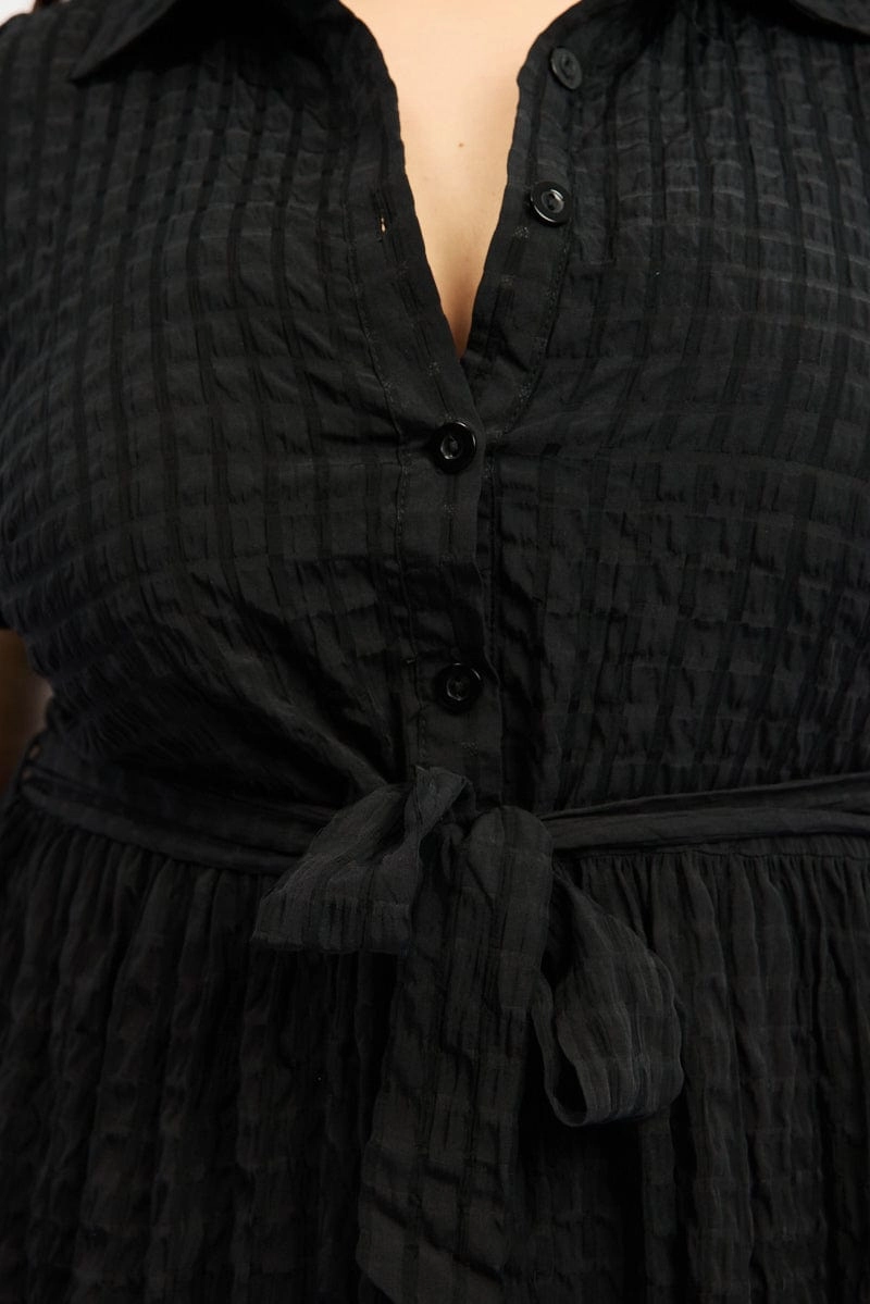 Black Shirt Dress Short Sleeve Tiered Self Check Drawstring-Closure