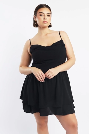 Multipurpose Black Shoestring Strap Cowl Neck Minidress