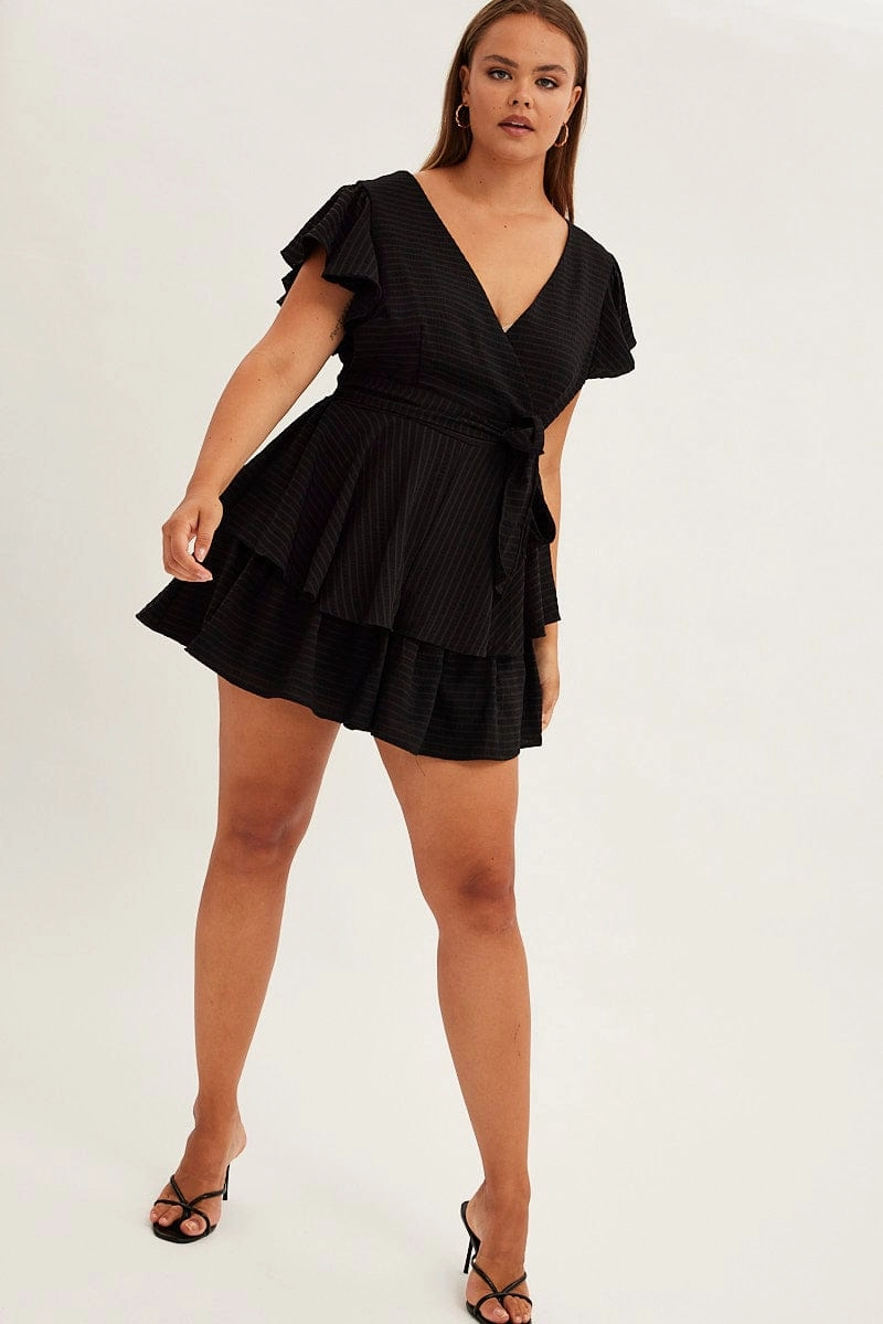 Relax Form Timeless Beauty Black Short Playsuit Flare Sleeve Textured Stripe