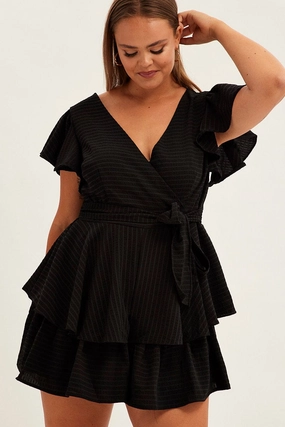 Black Short Playsuit Flare Sleeve Textured Stripe Sheer Look