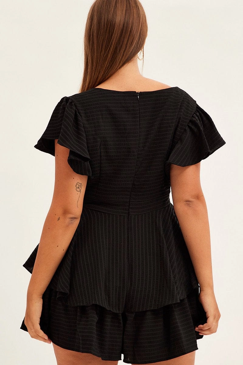 Warm Touch Black Short Playsuit Flare Sleeve Textured Stripe