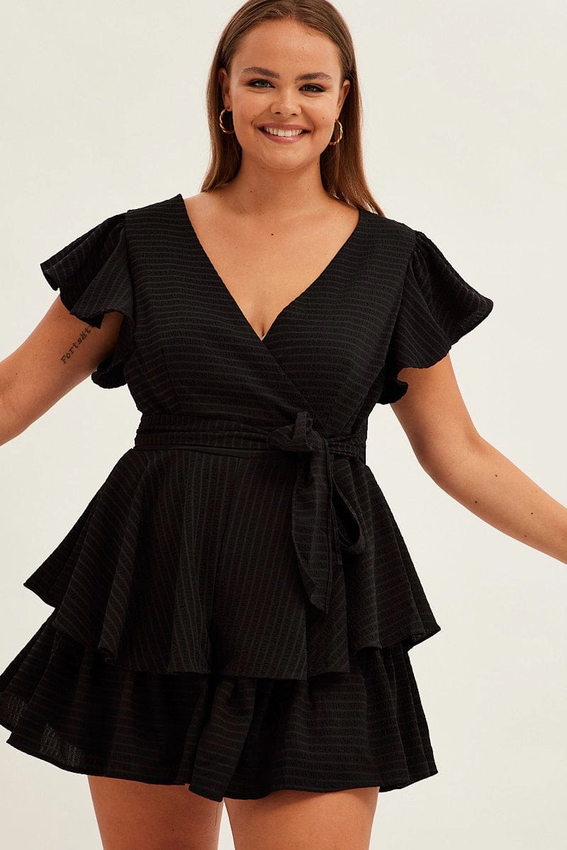 Layering Comfort Black Short Playsuit Flare Sleeve Textured Stripe