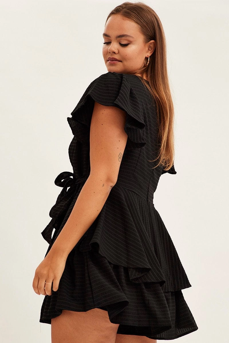 Elastic Fit Casual Chic Black Short Playsuit Flare Sleeve Textured Stripe