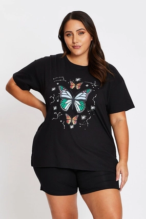 Spandex Enhanced Elasticity Durable Collar Construction Black Short Sleeve Butterfly Side Split T-shirt