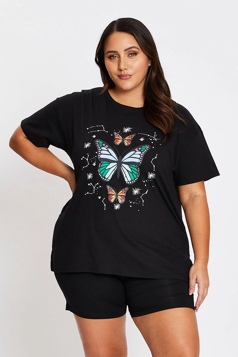 Spandex Enhanced Elasticity Durable Collar Construction Black Short Sleeve Butterfly Side Split T-shirt
