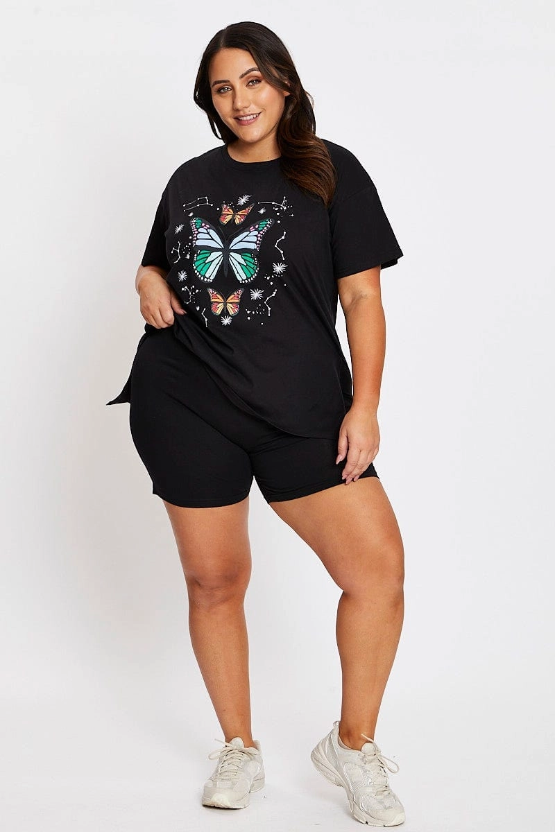 Smooth Flatlock Stitching Black Short Sleeve Butterfly Side Split T-shirt