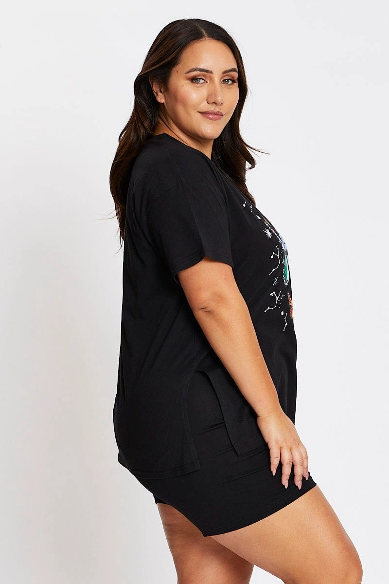 UVProtectionFinish Seasonal Outfit Black Short Sleeve Butterfly Side Split T-shirt