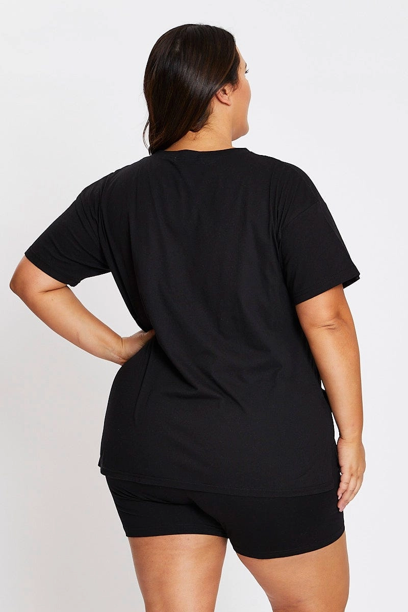 Soft Touch Texture Black Short Sleeve Butterfly Side Split T-shirt