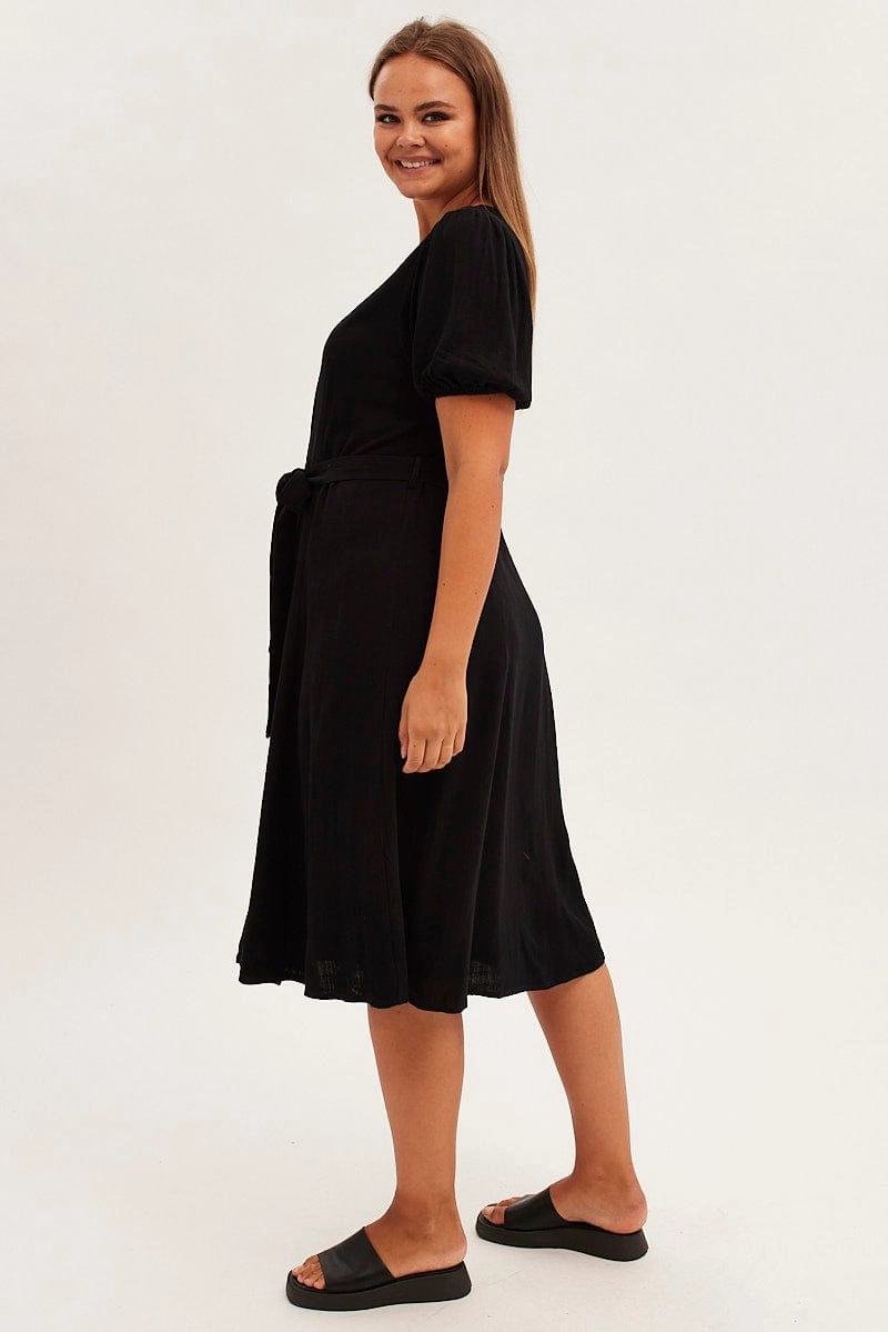 Black Short Sleeve Button Through Linen Blend Midi Dress Flawless Waistband Fit Sophisticated Look