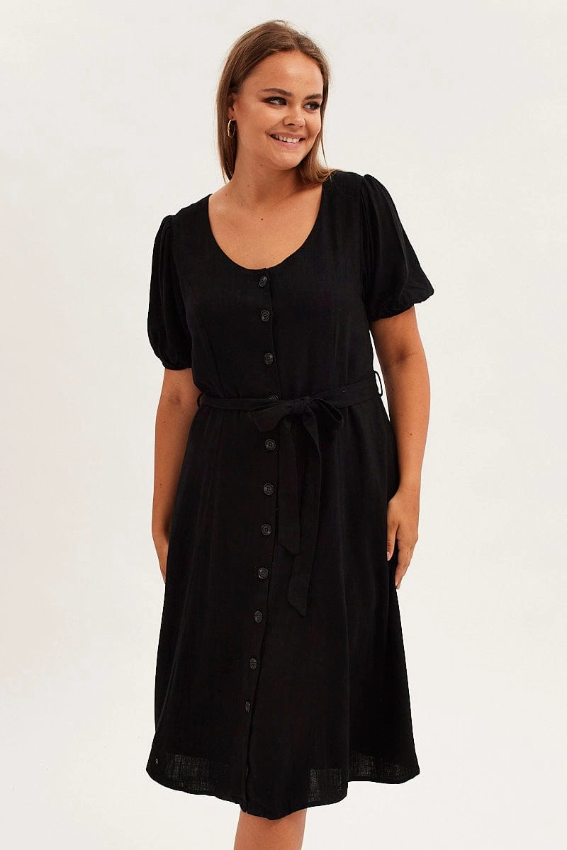 Black Short Sleeve Button Through Linen Blend Midi Dress Sleek Vibe Sophisticated Vibe