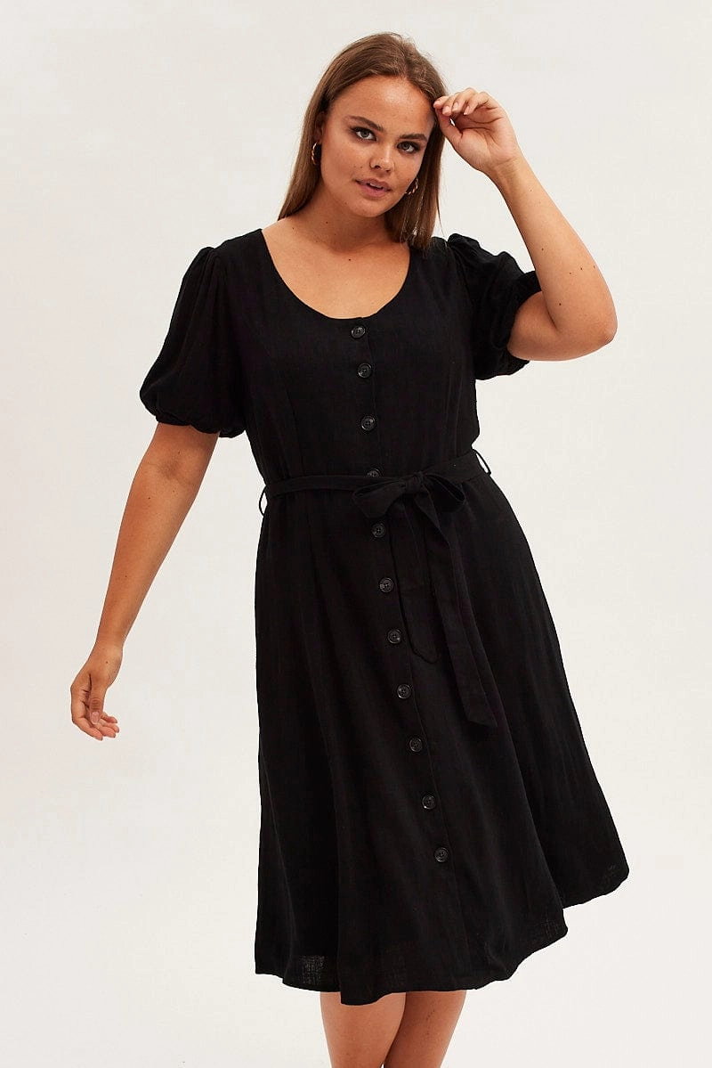 Black Short Sleeve Button Through Linen Blend Midi Dress Subtle Motion