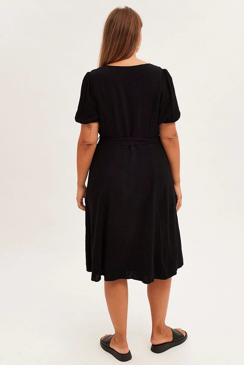 Sophisticated Vibe Black Short Sleeve Button Through Linen Blend Midi Dress