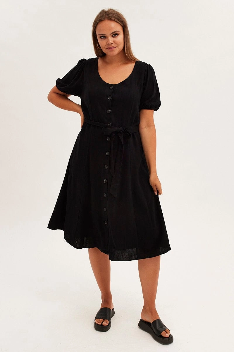 Chilly Day Wear Black Short Sleeve Button Through Linen Blend Midi Dress